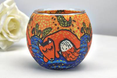 Leuchtglas 21122 schlafender Fuchs 11cm Kerzenhalter Teelicht Windlicht Kerzenfarm Unikat in Serie - 0