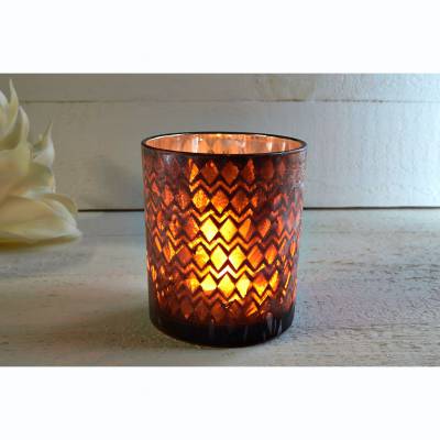Glas-Windlicht, braun, innen silber verspiegelt, vereist, Stumpenkerze, Teelicht - 1