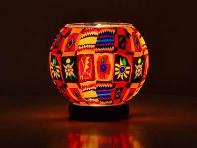 Leuchtglas Lampe Nr.12 Patchwork, buntes Flickenwerk auf einem 15cm Leuchtglas - 1