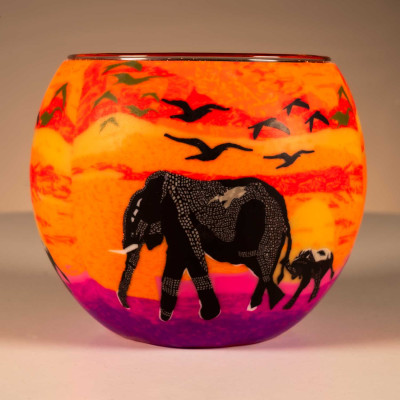 Leuchtglas 21102 Elefant + Babyelefant 11cm Leuchtglas Afrikanischer Sonnenuntergang Unikat in Serie - 0