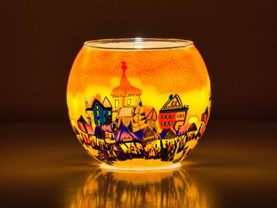 Leuchtglas Nr.177 ohne Wachs Ø11cm Teelichthalter Windlicht Dorf im Sonnenuntergang - 1