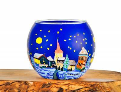 Leuchtglas Nr.176 ohne Wachs Ø11cm Dekoration Teelichthalter Windlicht Stadt bei Nacht - 0