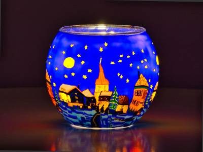 Leuchtglas Nr.176 ohne Wachs Ø11cm Dekoration Teelichthalter Windlicht Stadt bei Nacht - 1
