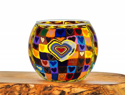 Leuchtglas Nr.152 ohne Wachs Ø11cm Dekoration Teelichthalter Windlicht Herz/ bunt - 0