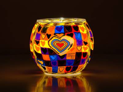 Leuchtglas Nr.152 ohne Wachs Ø11cm Dekoration Teelichthalter Windlicht Herz/ bunt - 1