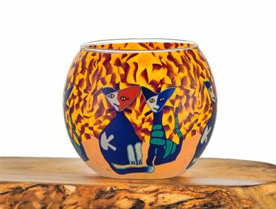 Leuchtglas Nr.110 ohne Wachs Ø11cm Dekoration Licht Windlicht Katzen gelb/rot - 0