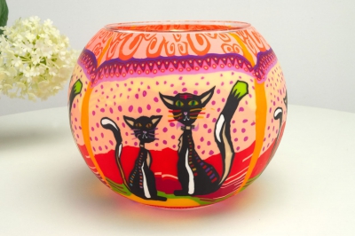 Leuchtglas 116 two cats Ø15cm Dekoration Teelicht Windlicht Kerzenfarm Kerze - 0