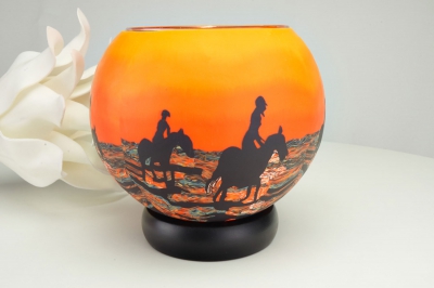Leuchtglas als Lampe 105 Pferde im Sonnenuntergang Ø15cm Dekoration Teelicht Windlicht Kerzenfarm - 0