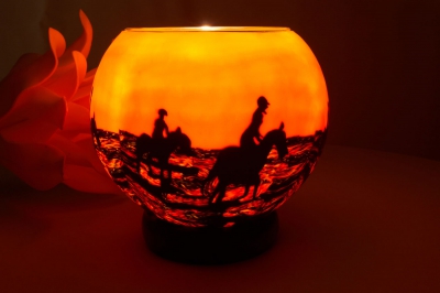 Leuchtglas als Lampe 105 Pferde im Sonnenuntergang Ø15cm Dekoration Teelicht Windlicht Kerzenfarm - 1