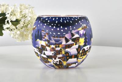 Leuchtglas 21822 Ø11cm verschneite Stadt bei Nacht mit Laternen und Lichtern Unikat in Serie - 0