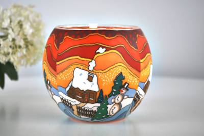 Leuchtglas 21826 Winterhaus mit Schneemann Ø11cm Tannenbaum im Sonnenuntergang Unikat in Serie - 0