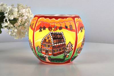 Leuchtglas 21827 Lebkuchenhaus Ø11cm im Sonnenuntergang mit Weihnachtsbaum Unikat in Serie - 0