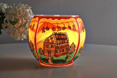 Leuchtglas 21827 Lebkuchenhaus Ø11cm im Sonnenuntergang mit Weihnachtsbaum Unikat in Serie - 1