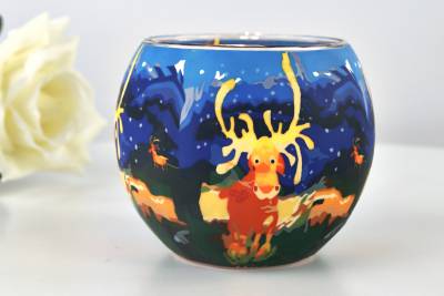 Leuchtglas 21107 Elk, Ø11cm stilisierter Elch im Schneefall auf Nachtblau Unikat in Serie - 0