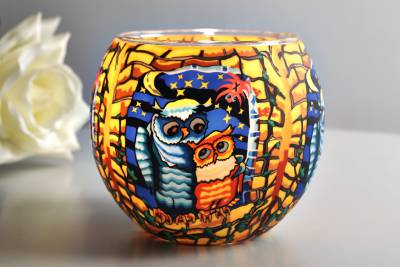 Leuchtglas 21109 - Ø11cm, zwei Eulen Eulen bei Nacht auf Ast im Nachtlicht Unikat in Serie - 1