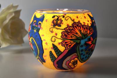Leuchtglas 21111 Paradis Katze Ø11cm blaue Katze mit Blume Schmetterlingen Unikat in Serie - 1