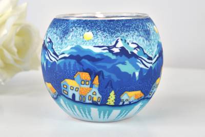 Leuchtglas 21805Winterdorf in den Bergen Ø11cm Handgefertigtes Unikat in Serie - 0